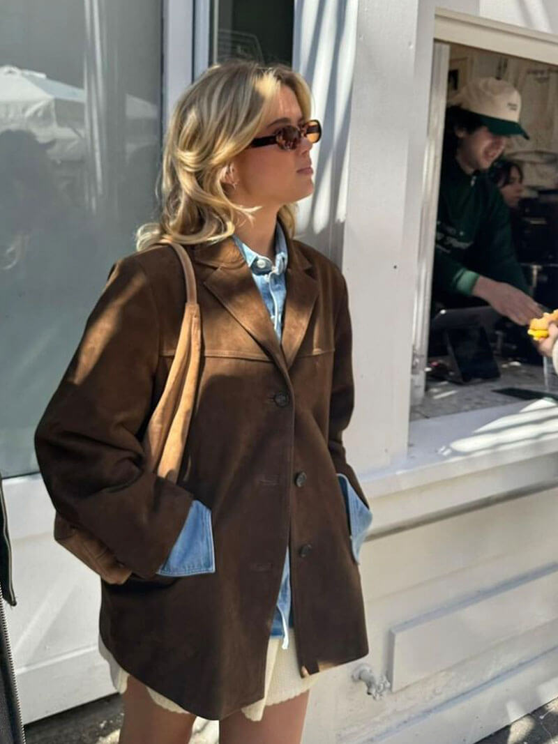 Damen Suede Jacke Cropped Style mit Knöpfen und Taschen
