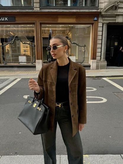 Damen Suede Jacke Cropped Style mit Knöpfen und Taschen