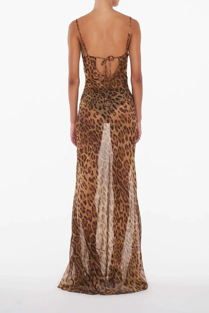 Damen Maxikleid Durchsichtig Leopardmuster