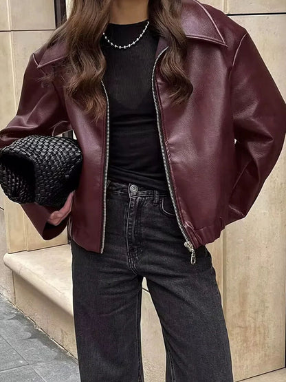 Ophira Damen Oversize Kunstlederjacke Reißverschluss Burgunderrot