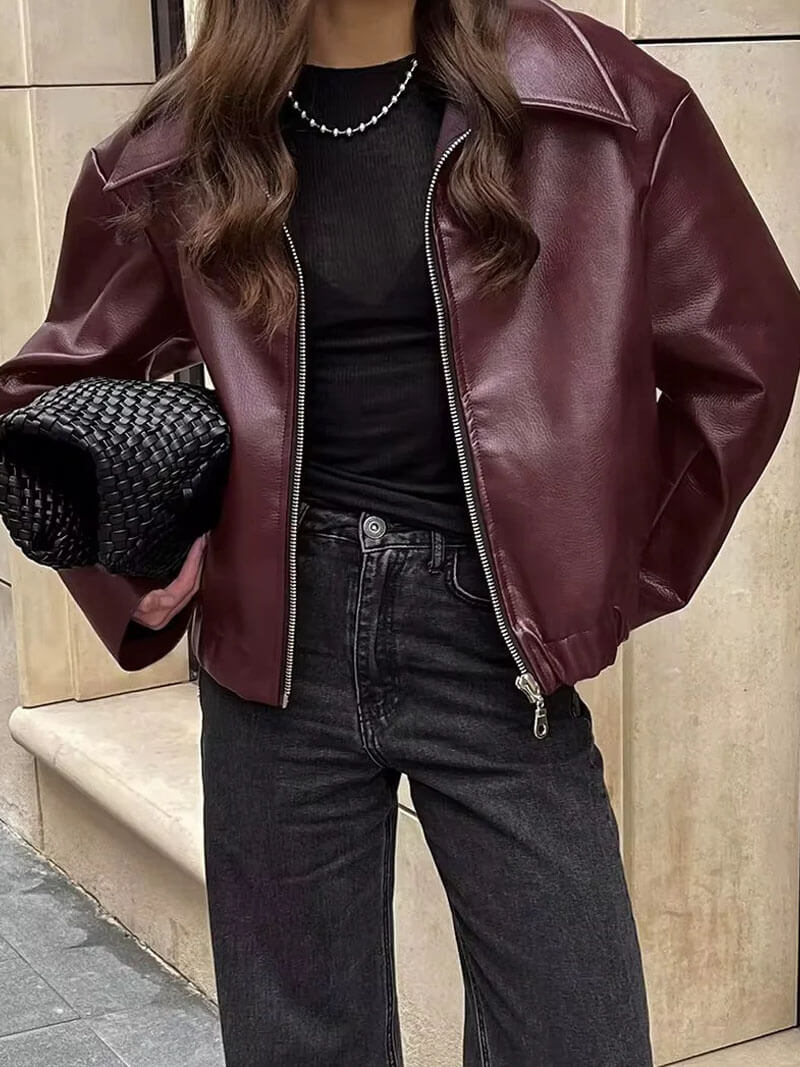 Damen Lederjacke Biker-Stil Oversized