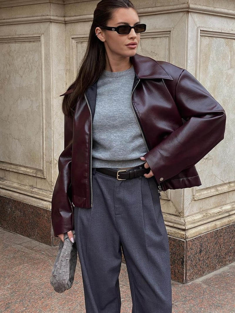 Damen Lederjacke Biker-Stil Oversized