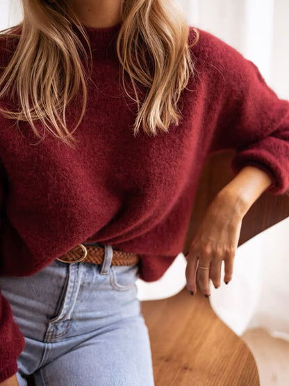 Damen Pullover Bordeaux Warmer Rundhals Strick