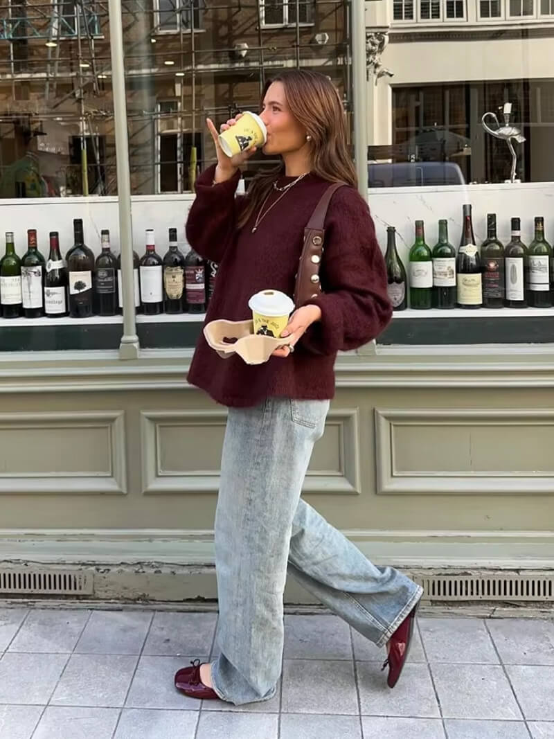 Damen Pullover Bordeaux Warmer Rundhals Strick