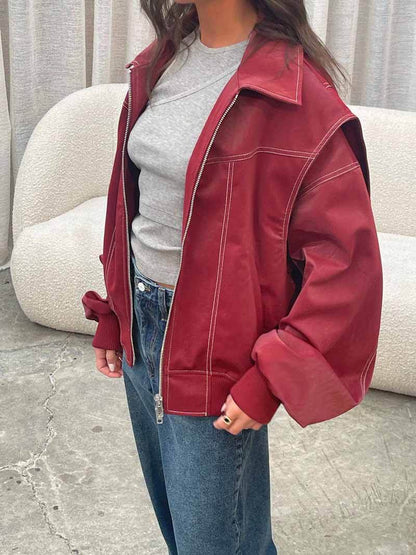 Olwen Damen Oversize Jacke Reißverschluss Burgunderrot - Norvielle