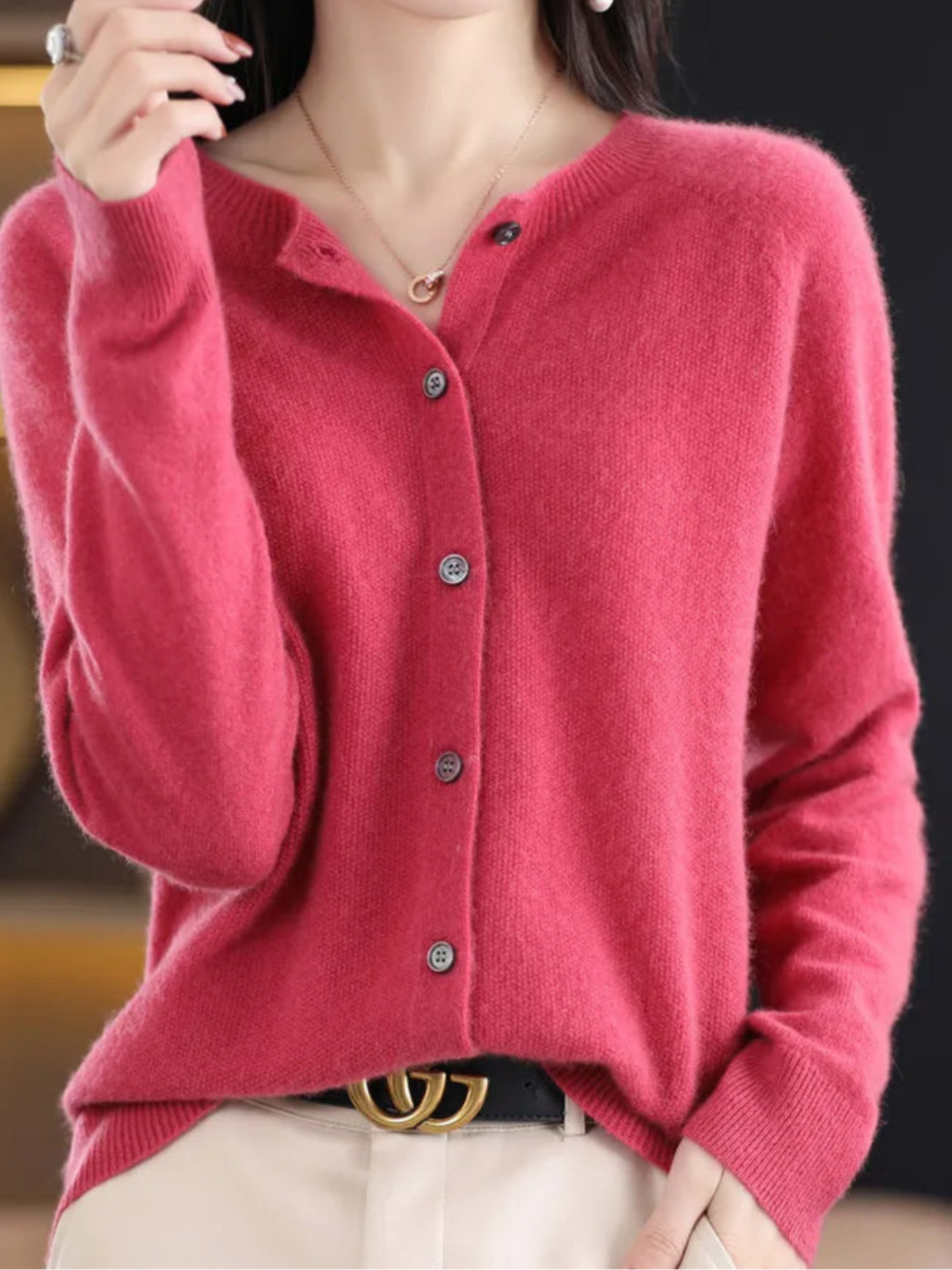 Damen Strickcardigan Weich Rundhalsausschnitt Beige - Norvielle