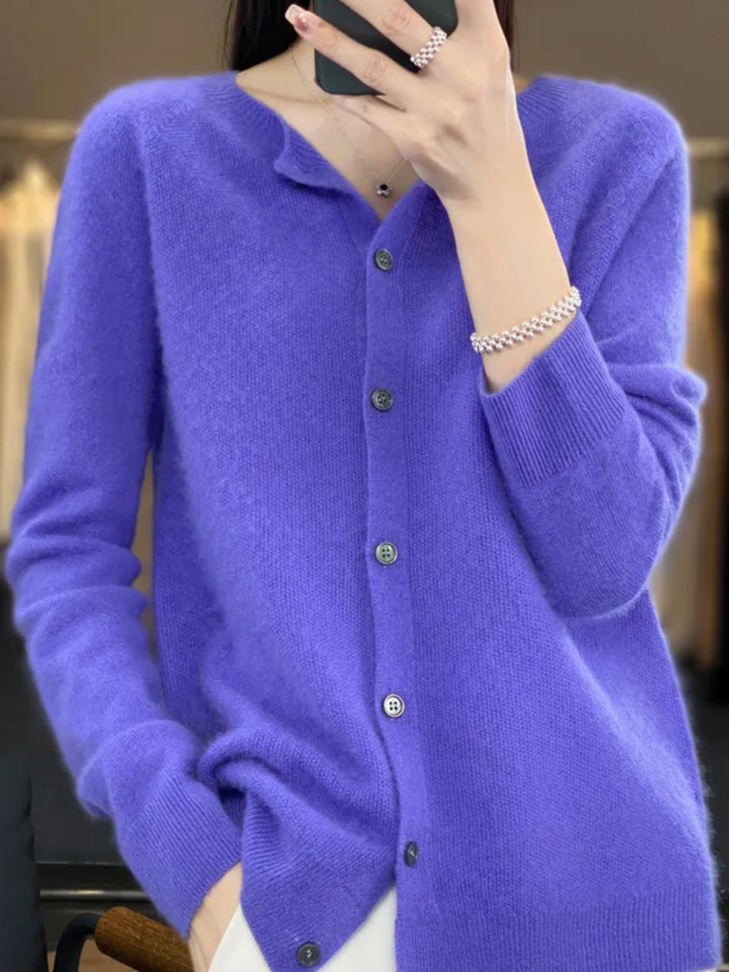 Damen Strickcardigan Weich Rundhalsausschnitt Beige