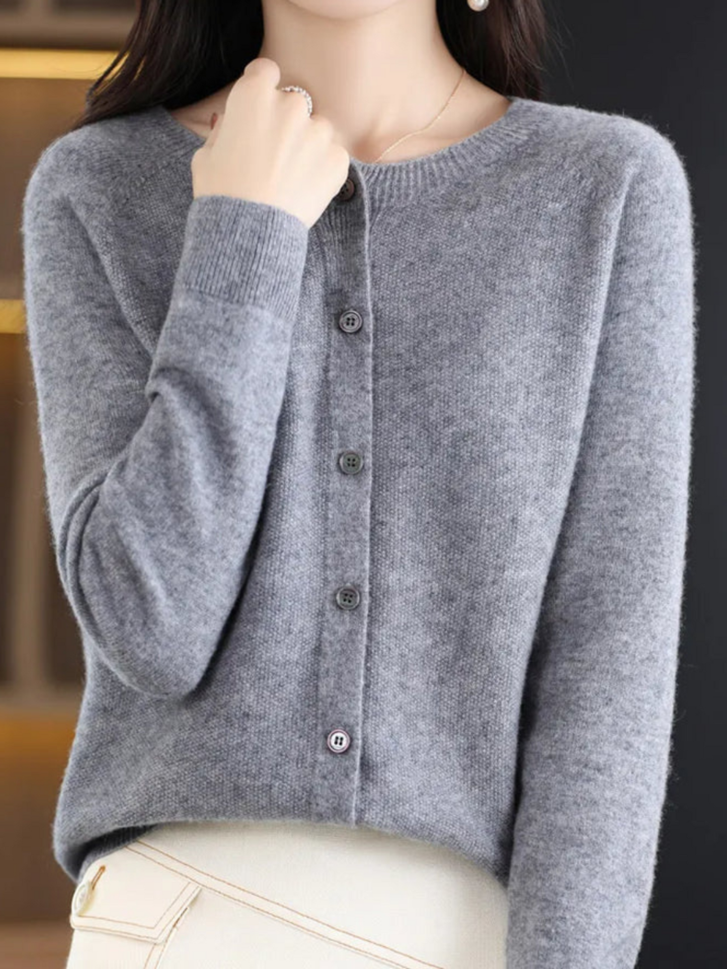 Damen Strickcardigan Weich Rundhalsausschnitt Beige