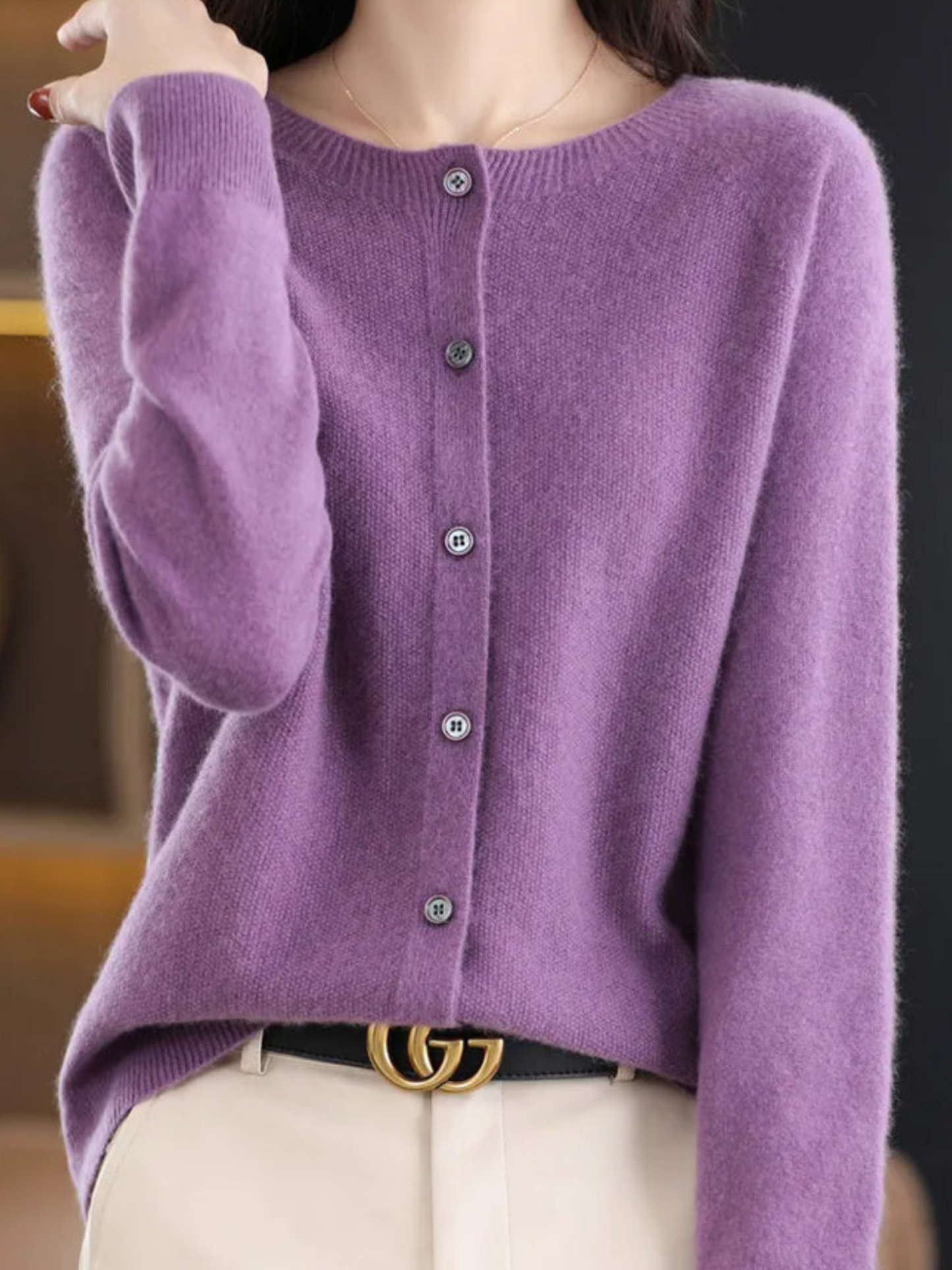 Damen Strickcardigan Weich Rundhalsausschnitt Beige