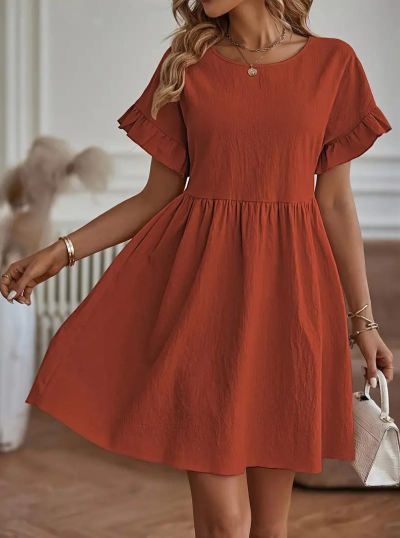 Damen Rüschenkleid Kurzes Loose Fit Kleid mit Ärmeln