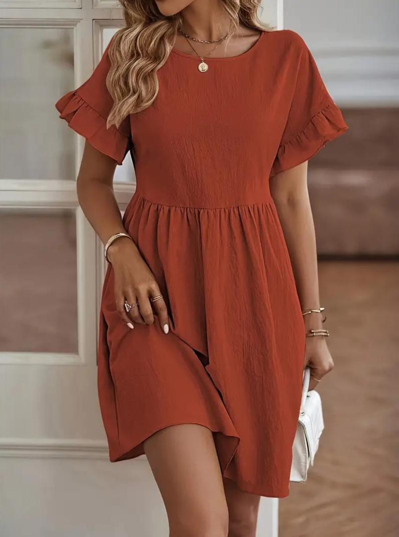Damen Rüschenkleid Kurzes Loose Fit Kleid mit Ärmeln