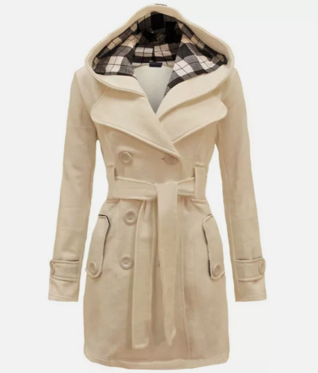 Damen Trenchcoat mit Kapuze und Gürtel Zweireihig Schwarz - Norvielle