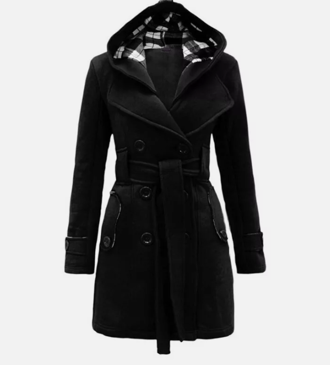 Damen Trenchcoat mit Kapuze und Gürtel Zweireihig