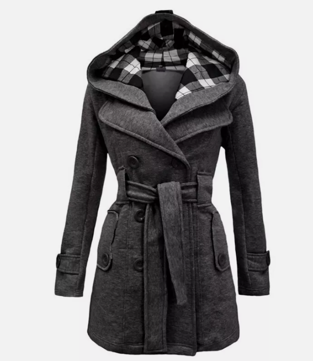 Damen Trenchcoat mit Kapuze und Gürtel Zweireihig
