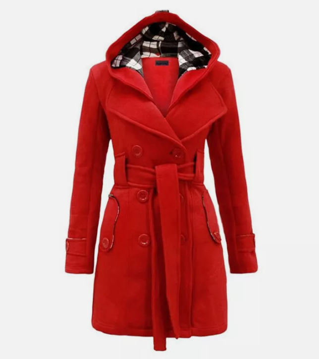 Damen Trenchcoat mit Kapuze und Gürtel Zweireihig