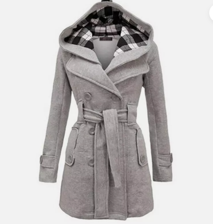 Damen Trenchcoat mit Kapuze und Gürtel Zweireihig