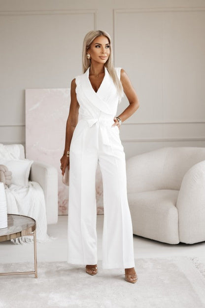 Damen Jumpsuit Ärmellos Reverskragen Weites Bein Mit Bindegürtel - Eveloria
