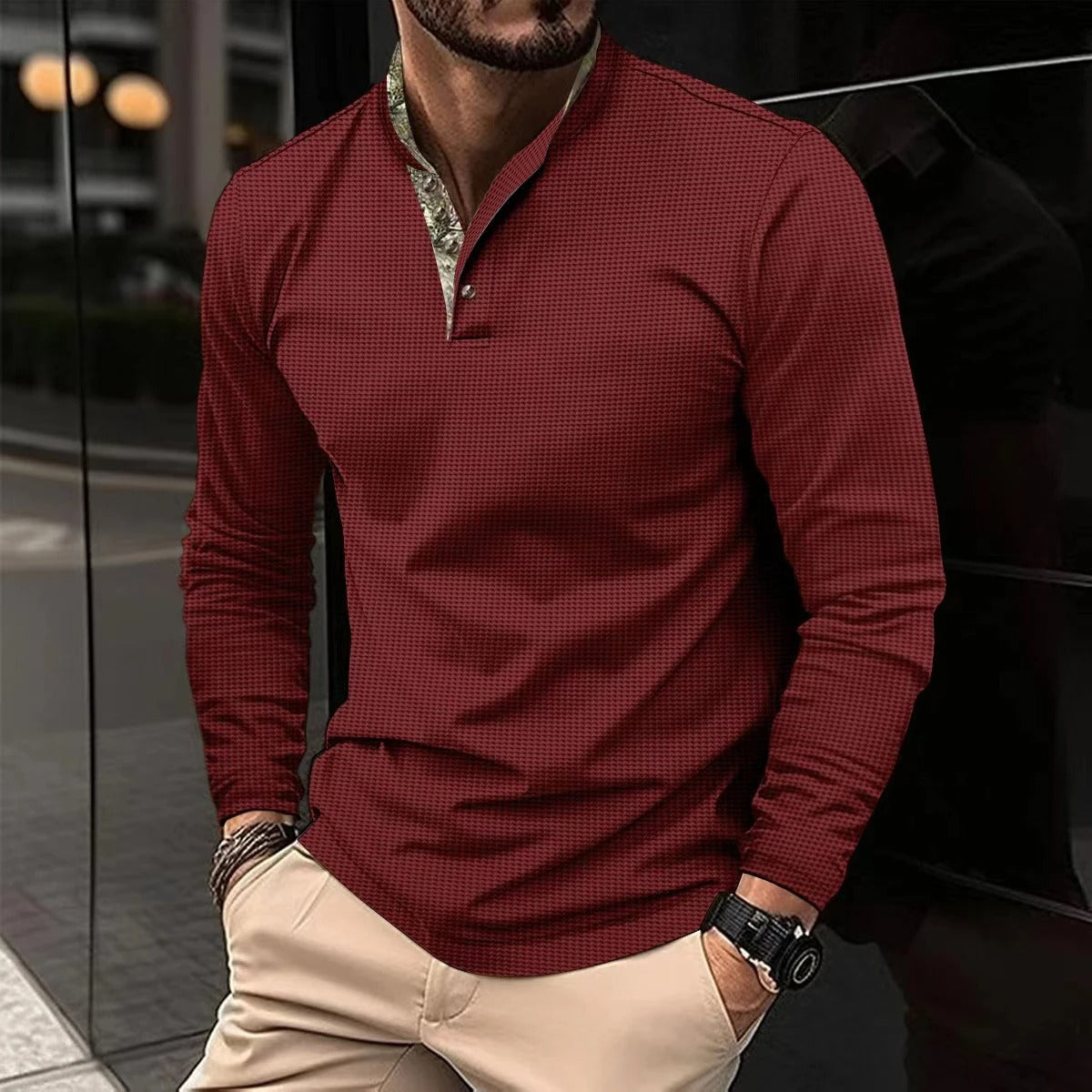 Herren Langarm Henley Shirt Stehkragen Baumwolle Beige