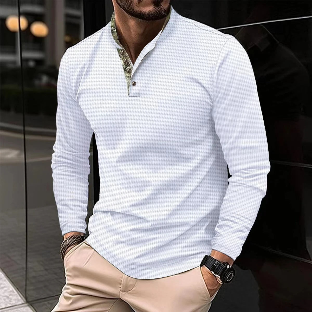 Herren Langarm Henley Shirt Stehkragen Baumwolle Beige