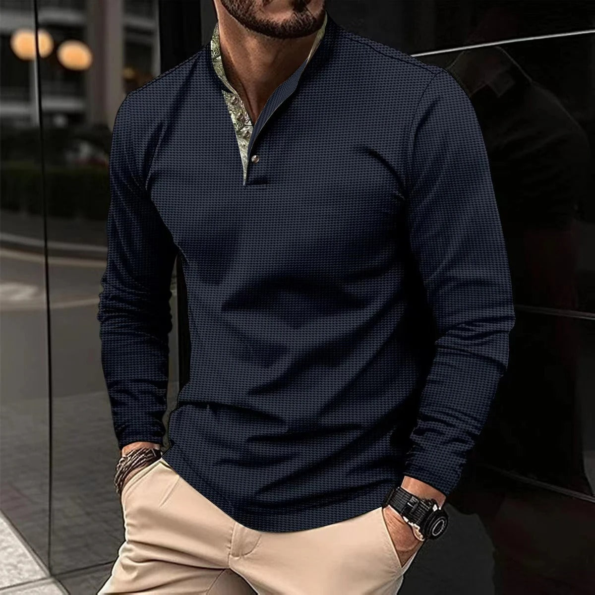 Herren Langarm Henley Shirt Stehkragen Baumwolle Beige