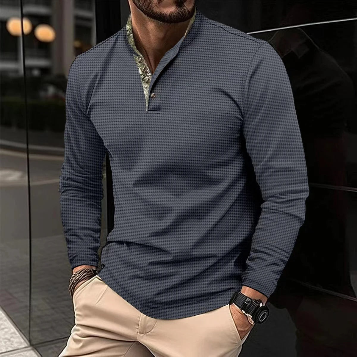 Herren Langarm Henley Shirt Stehkragen Baumwolle Beige