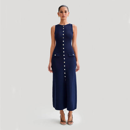 Stilvolles ärmelloses Strickkleid von Elarova mit modischem, schmalem Rundhalsausschnitt