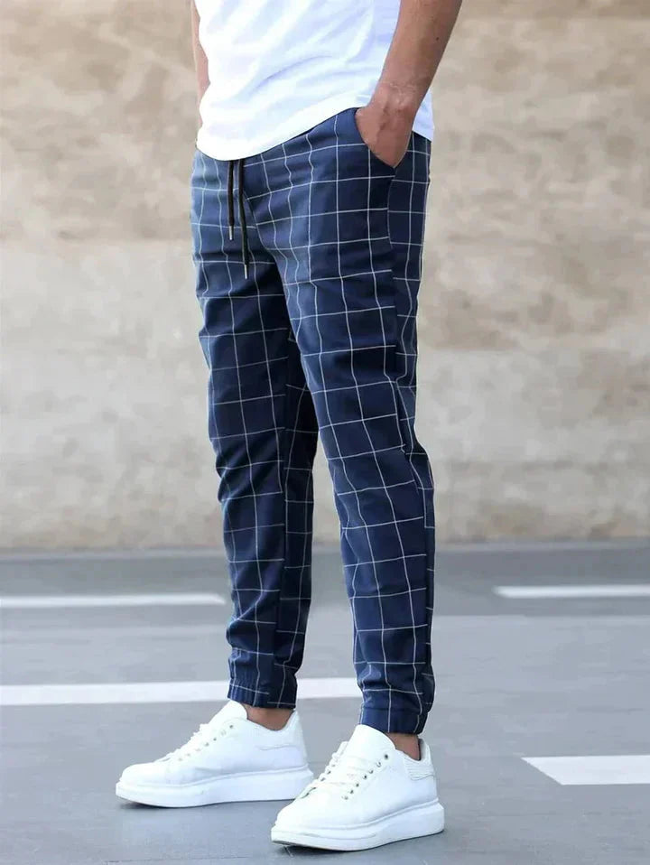 Stretchhosen | Karo | Tunnelzug | Jogger | Herrenhosen-Marineblau-S-Chaps Herrenmode