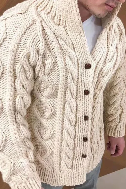 Strickjacke | Knopfleiste | Zopfmuster | Grobstrickjacke | Herrenstrickjacke-Beige-S-Chaps Herrenmode