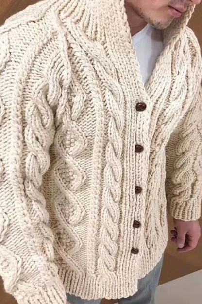 Strickjacke | Knopfleiste | Zopfmuster | Grobstrickjacke | Herrenstrickjacke-Beige-S-Chaps Herrenmode