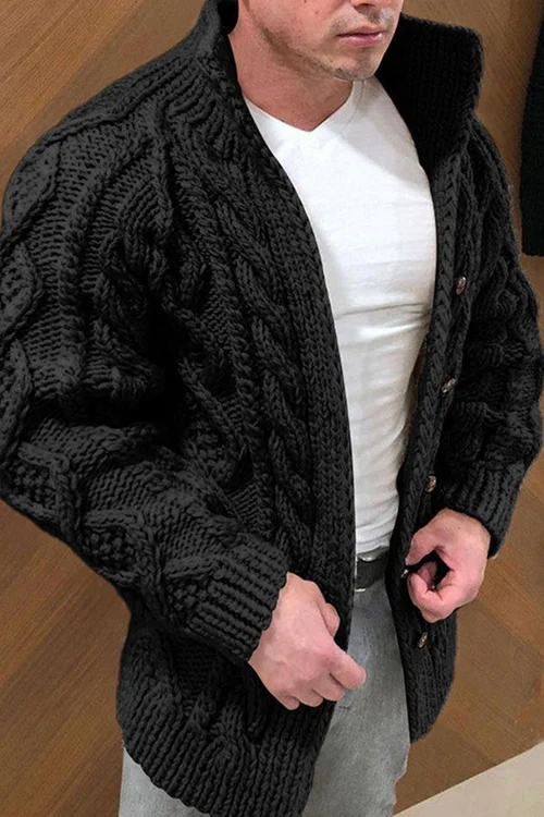 Strickjacke | Knopfleiste | Zopfmuster | Grobstrickjacke | Herrenstrickjacke-Schwarz-S-Chaps Herrenmode