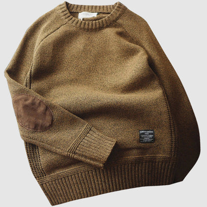 Strickpullover – Rundhalsausschnitt – Ellbogenpatches – Pullover – Herrenpullover-Khaki-XS-Chaps Herrenmode