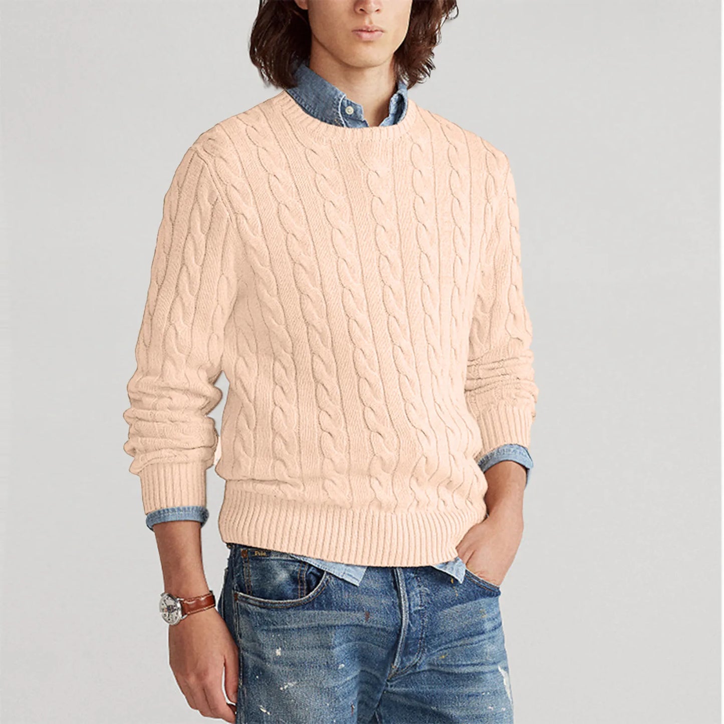 Strickpullover – Zopfmuster – Rundhalsausschnitt – Pullover – Herrenpullover-Beige-M-Chaps Herrenmode