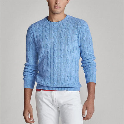 Strickpullover – Zopfmuster – Rundhalsausschnitt – Pullover – Herrenpullover-Hellblau-M-Chaps Herrenmode