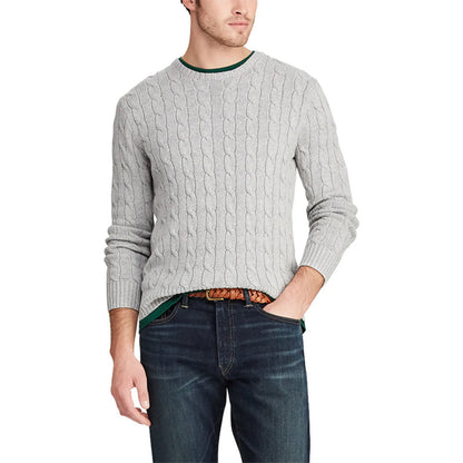 Strickpullover – Zopfmuster – Rundhalsausschnitt – Pullover – Herrenpullover-Hellgrau-M-Chaps Herrenmode