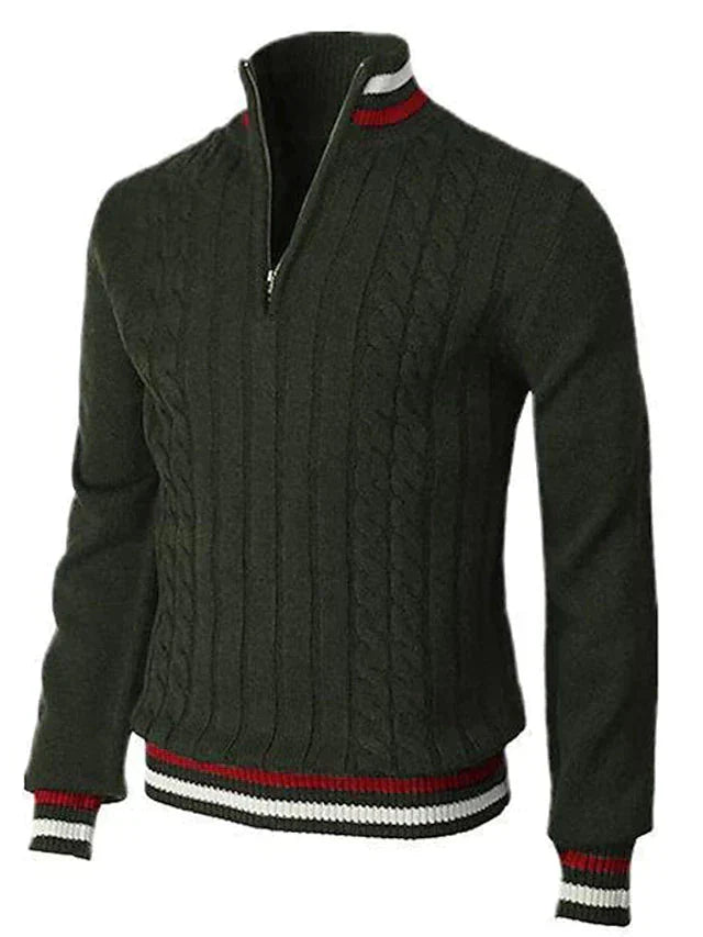 Strickpullover - Zopfstrick - Stehkragen - Half Zip Pullover-Grün-S-Chaps Herrenmode
