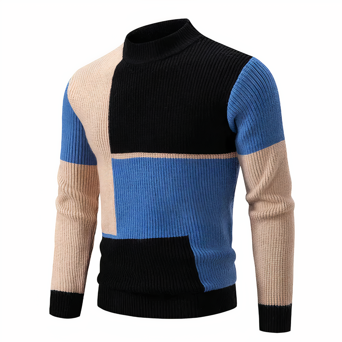 Herren Strickpullover Schmal Geschnitten Hochkragen Patchwork Muster - Norvielle
