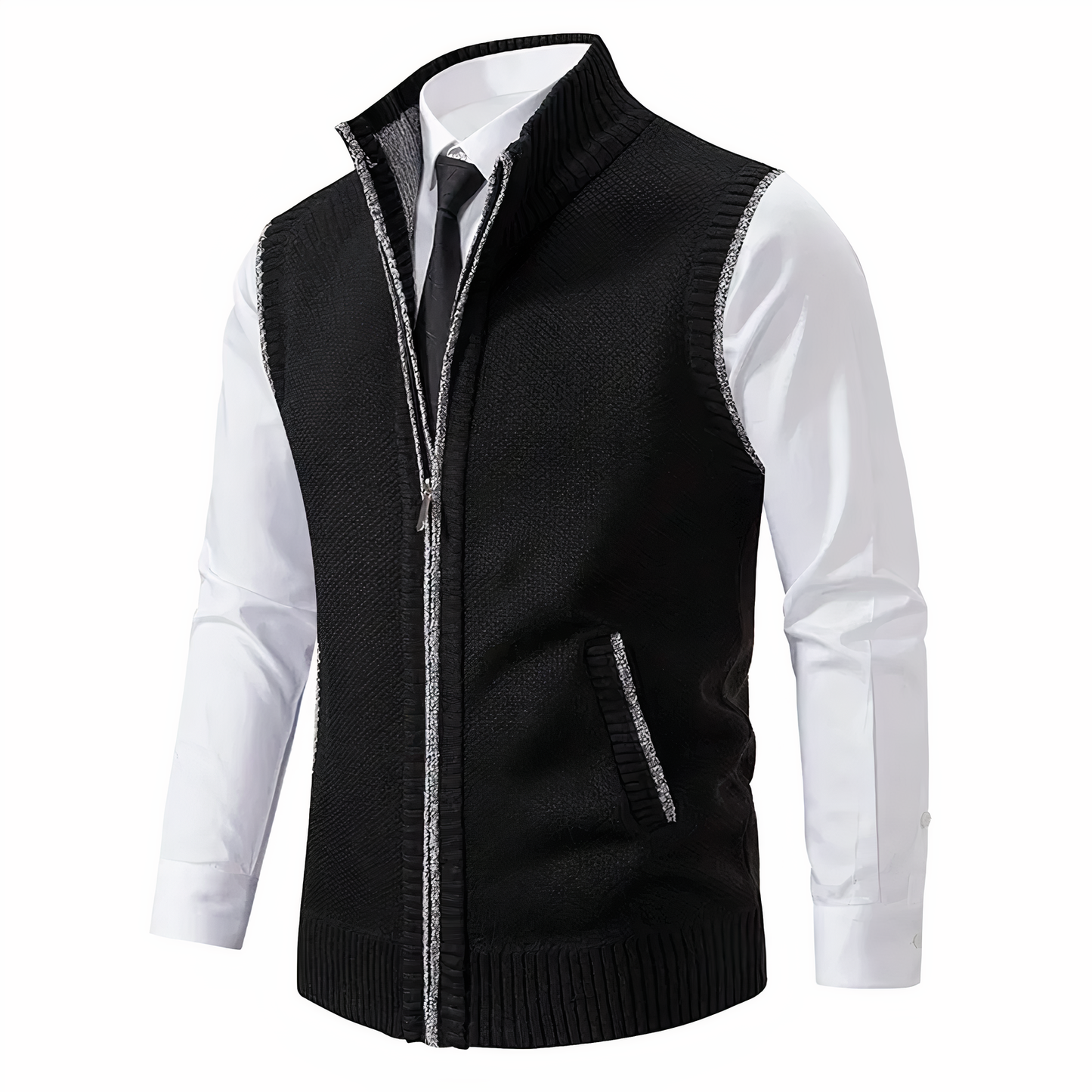 Strickweste - Herren Stehkragen Zip-Up Weste mit Taschen-Schwarz-XS-Chaps Herrenmode