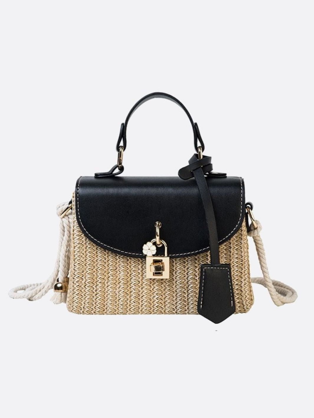 Damen Strohtasche Schwarz Kunstleder Klappe - Norvielle