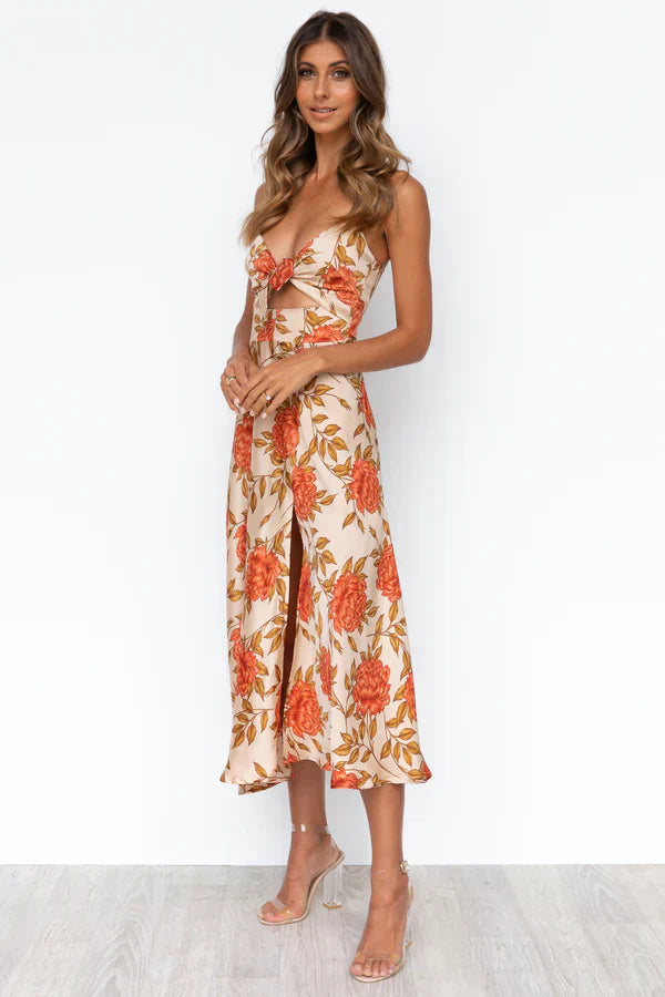 Damen Sommerkleid Satin Blumenmuster Cut-Out Spaghettiträger