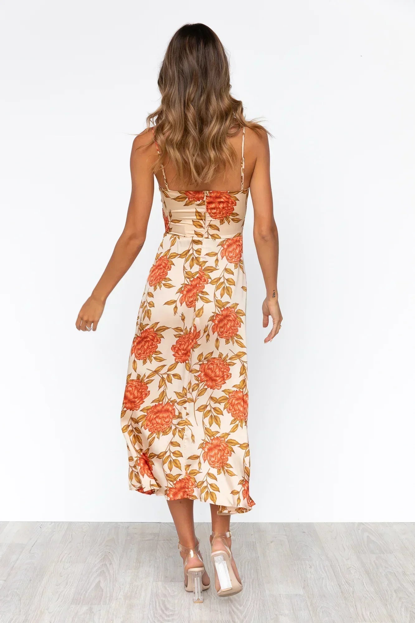 Damen Sommerkleid Satin Blumenmuster Cut-Out Spaghettiträger