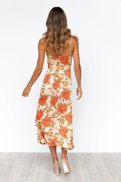 Damen Sommerkleid Satin Blumenmuster Cut-Out Spaghettiträger
