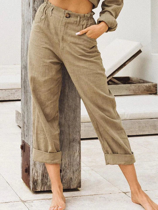 Damen High-Waist Leinenhose Mit Aufschlag Beige - Norvielle