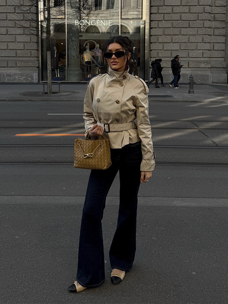 Damen Winterjacke Trench-Stil Gürtel Doppelreihe