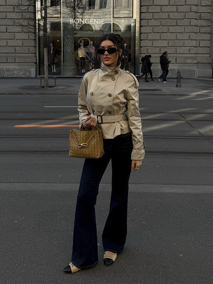Damen Winterjacke Trench-Stil Gürtel Doppelreihe