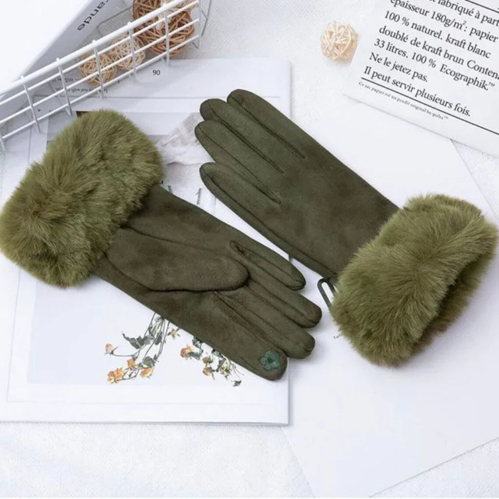 Damen Wildlederhandschuhe Kunstfellbesatz Winter