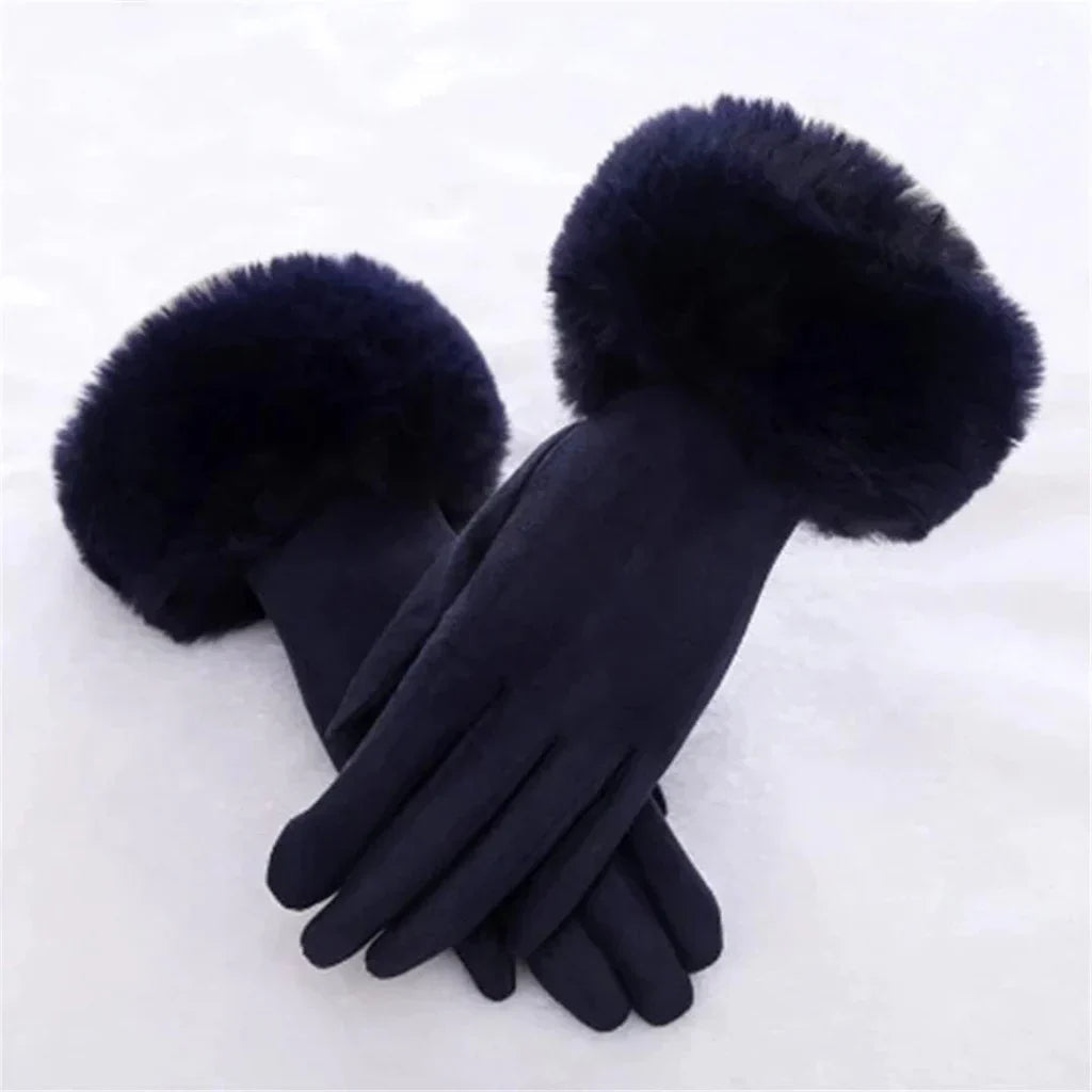 Damen Wildlederhandschuhe Kunstfellbesatz Winter