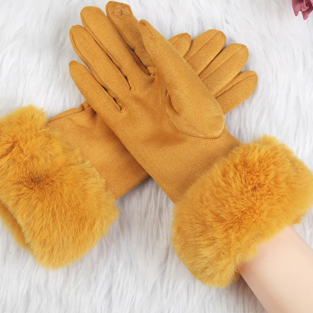 Damen Wildlederhandschuhe Kunstpelzbesatz Winter