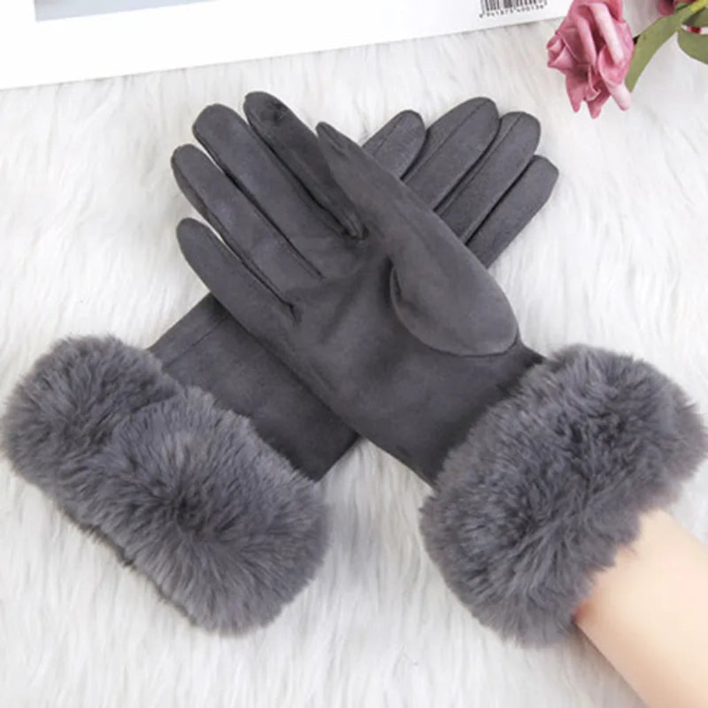 Damen Wildlederhandschuhe Kunstpelzbesatz Winter