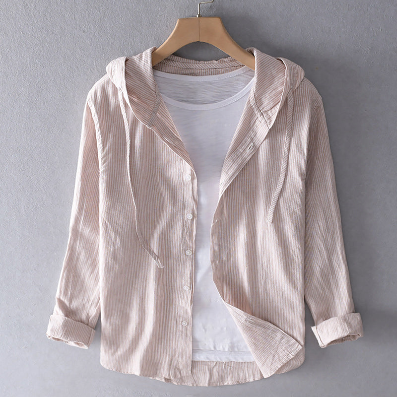 Herren Kapuzenbluse Leinen Knopfleiste Beige