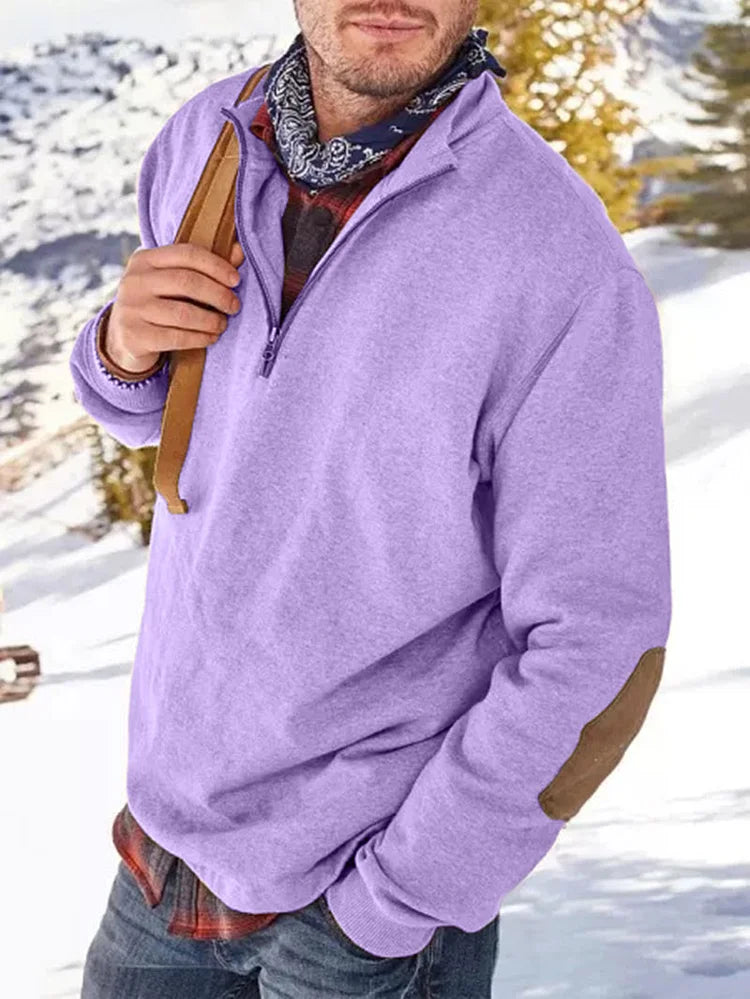 Herren Sweatshirt Mit Reißverschluss Lässig Ellbogen Aufnäher Grau - Norvielle